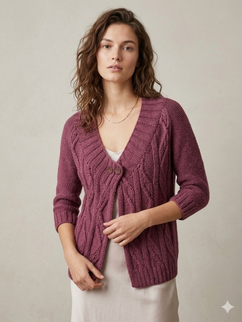 NEW Handmade Cable Knit Cardigan Sweater 3/4 Sleeve Dark Mauve Pink
